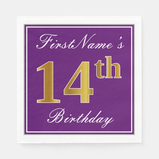 Elegant Purple, Faux Gold 14th Birthday + Name Napkins (Front)