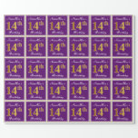 [ Thumbnail: Elegant, Purple, Faux Gold 14th Birthday + Name Wrapping Paper ]