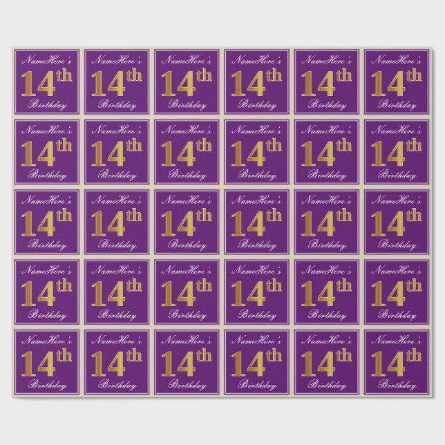 Elegant, Purple, Faux Gold 14th Birthday + Name Wrapping Paper (Flat)