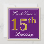 [ Thumbnail: Elegant, Purple, Faux Gold 15th Birthday + Name Invitation ]