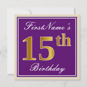 Elegant, Purple, Faux Gold 15th Birthday + Name Invitation