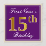 [ Thumbnail: Elegant, Purple, Faux Gold 15th Birthday + Name Invitation ]