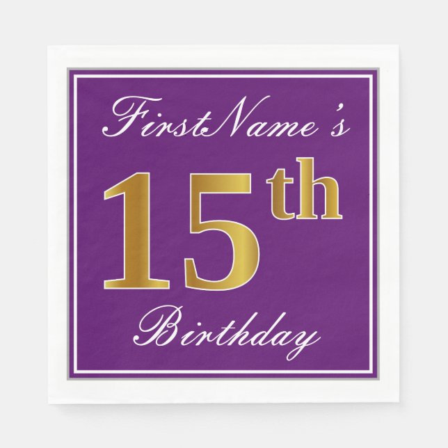 Elegant Purple, Faux Gold 15th Birthday + Name Napkins (Front)