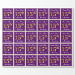 [ Thumbnail: Elegant, Purple, Faux Gold 15th Birthday + Name Wrapping Paper ]