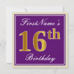 [ Thumbnail: Elegant, Purple, Faux Gold 16th Birthday + Name Invitation ]