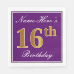 [ Thumbnail: Elegant Purple, Faux Gold 16th Birthday + Name Napkins ]