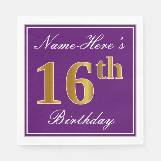 Elegant Purple, Faux Gold 16th Birthday + Name Napkins (Front)