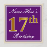 [ Thumbnail: Elegant, Purple, Faux Gold 17th Birthday + Name Invitation ]
