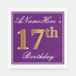 [ Thumbnail: Elegant Purple, Faux Gold 17th Birthday + Name Napkins ]