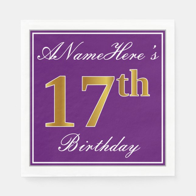 Elegant Purple, Faux Gold 17th Birthday + Name Paper Napkins (Front)