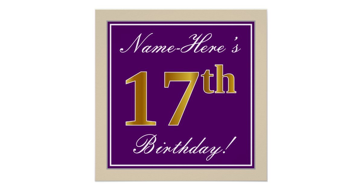 Elegant, Purple, Faux Gold 17th Birthday + Name Poster | Zazzle