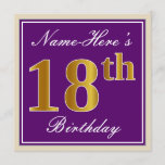 [ Thumbnail: Elegant, Purple, Faux Gold 18th Birthday + Name Invitation ]