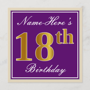 Elegant, Purple, Faux Gold 18th Birthday + Name Invitation