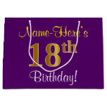 [ Thumbnail: Elegant, Purple, Faux Gold 18th Birthday + Name Gift Bag ]