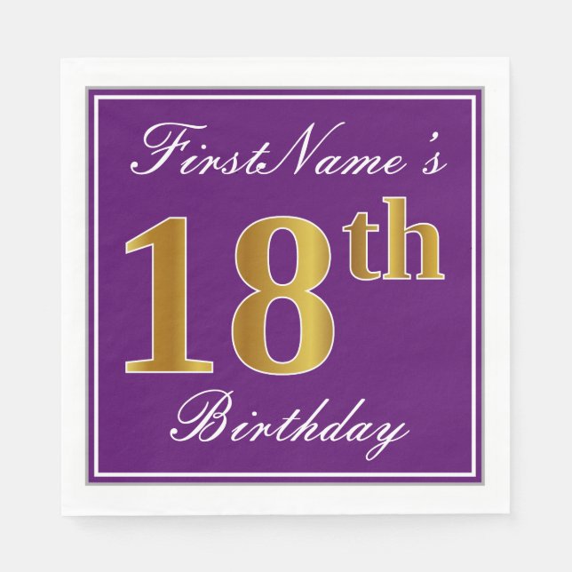 Elegant Purple, Faux Gold 18th Birthday + Name Paper Napkins (Front)