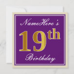 [ Thumbnail: Elegant, Purple, Faux Gold 19th Birthday + Name Invitation ]