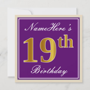 Elegant, Purple, Faux Gold 19th Birthday + Name Invitation