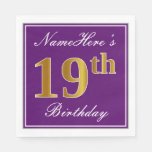 [ Thumbnail: Elegant Purple, Faux Gold 19th Birthday + Name Napkins ]