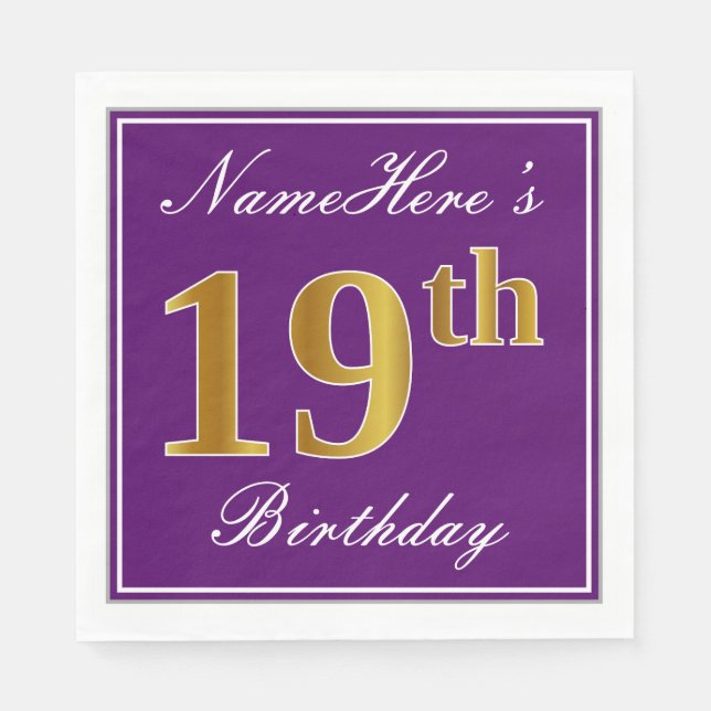 Elegant Purple, Faux Gold 19th Birthday + Name Paper Napkins (Front)