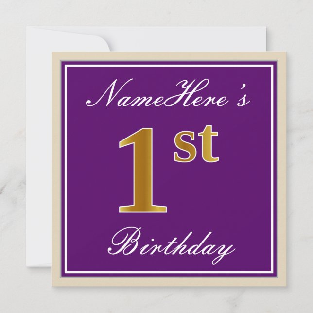 Elegant, Purple, Faux Gold 1st Birthday + Name Invitation (Front)