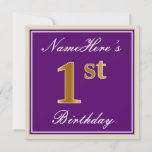 [ Thumbnail: Elegant, Purple, Faux Gold 1st Birthday + Name Invitation ]
