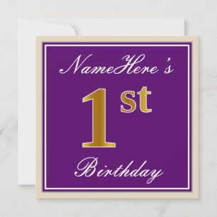 Elegant, Purple, Faux Gold 1st Birthday + Name Invitation