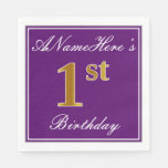 [ Thumbnail: Elegant Purple, Faux Gold 1st Birthday + Name Paper Napkin ]