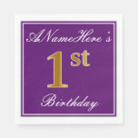 [ Thumbnail: Elegant Purple, Faux Gold 1st Birthday + Name Napkins ]