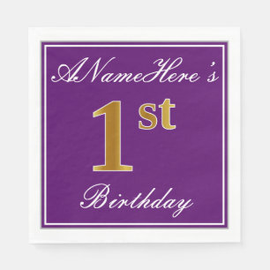Elegant Purple, Faux Gold 1st Birthday + Name Paper Napkins
