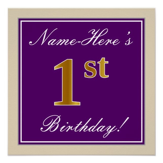 Elegant, Purple, Faux Gold 1st Birthday + Name Poster (Front)