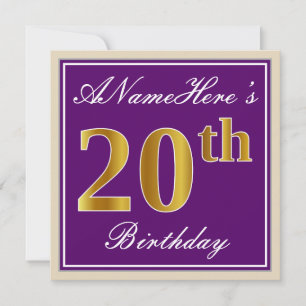 Elegant, Purple, Faux Gold 20th Birthday + Name Invitation