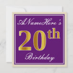 [ Thumbnail: Elegant, Purple, Faux Gold 20th Birthday + Name Invitation ]