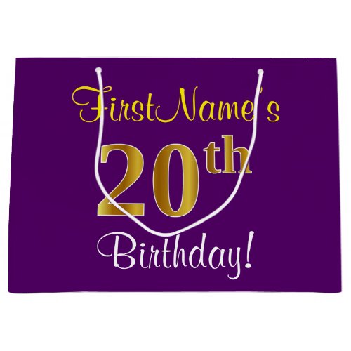 Elegant Purple Faux Gold 20th Birthday  Name Large Gift Bag