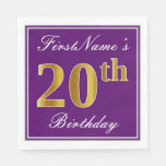 [ Thumbnail: Elegant Purple, Faux Gold 20th Birthday + Name Napkins ]