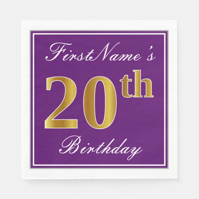 Elegant Purple, Faux Gold 20th Birthday + Name Paper Napkins (Front)