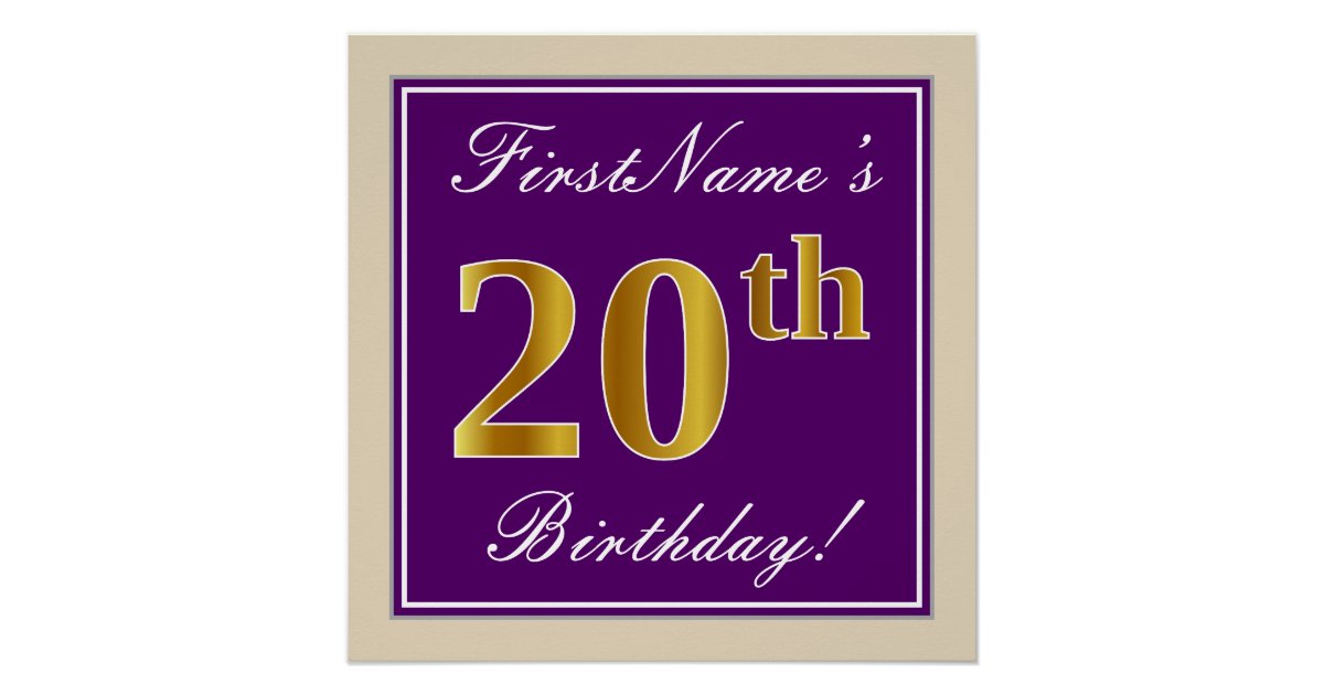 Elegant, Purple, Faux Gold 20th Birthday + Name Poster | Zazzle