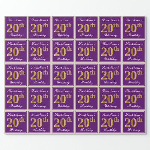 Elegant Purple Faux Gold 20th Birthday  Name Wrapping Paper