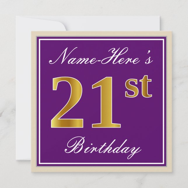Elegant, Purple, Faux Gold 21st Birthday + Name Invitation (Front)