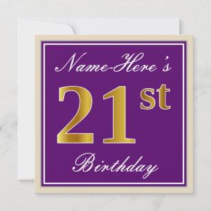 Elegant, Purple, Faux Gold 21st Birthday + Name Invitation