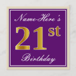 [ Thumbnail: Elegant, Purple, Faux Gold 21st Birthday + Name Invitation ]