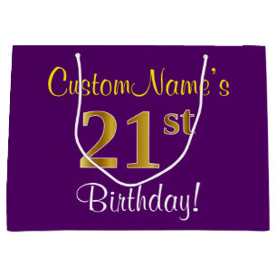 Elegant, Purple, Faux Gold 21st Birthday + Name Large Gift Bag