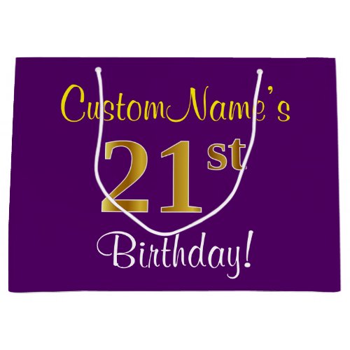 Elegant Purple Faux Gold 21st Birthday  Name Large Gift Bag