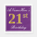 [ Thumbnail: Elegant Purple, Faux Gold 21st Birthday + Name Napkins ]