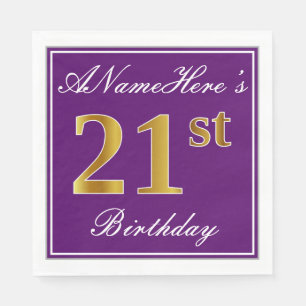 Elegant Purple, Faux Gold 21st Birthday + Name Napkins