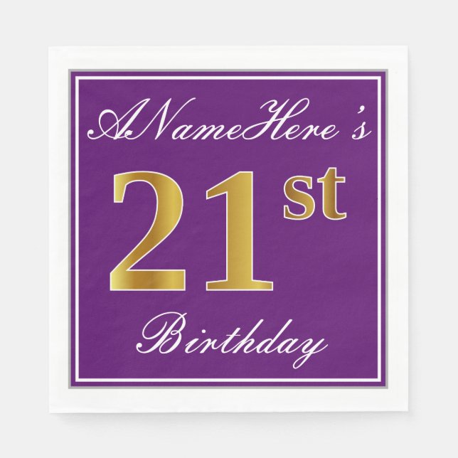 Elegant Purple, Faux Gold 21st Birthday + Name Napkins (Front)