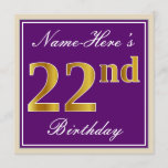 [ Thumbnail: Elegant, Purple, Faux Gold 22nd Birthday + Name Invitation ]