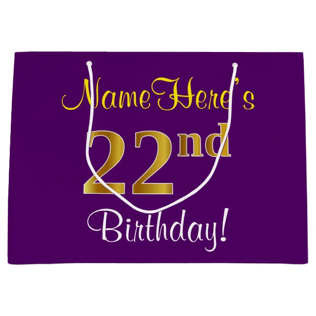 Elegant, Purple, Faux Gold 22nd Birthday + Name Large Gift Bag (Front)
