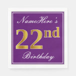 [ Thumbnail: Elegant Purple, Faux Gold 22nd Birthday + Name Napkins ]