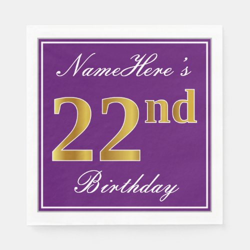 Elegant Purple Faux Gold 22nd Birthday  Name Napkins