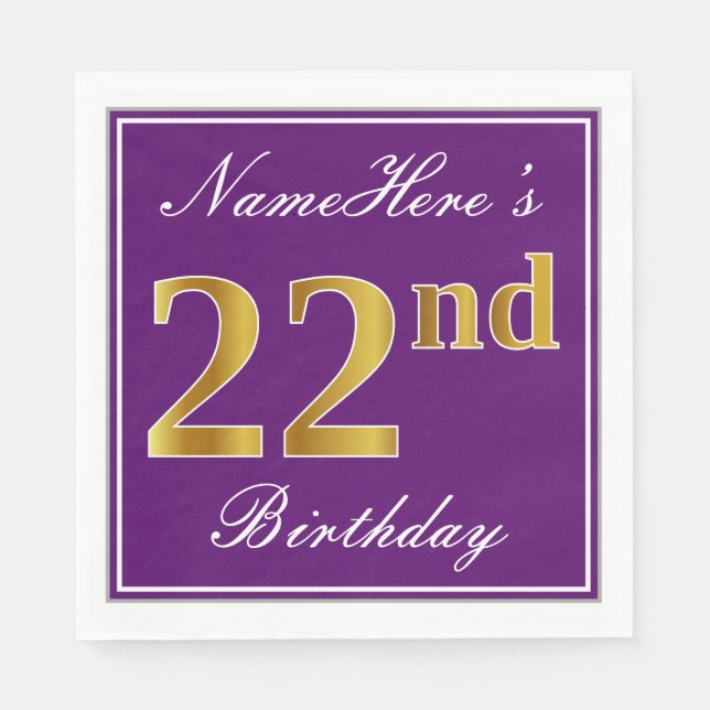 Elegant Purple, Faux Gold 22nd Birthday + Name Napkins (Front)